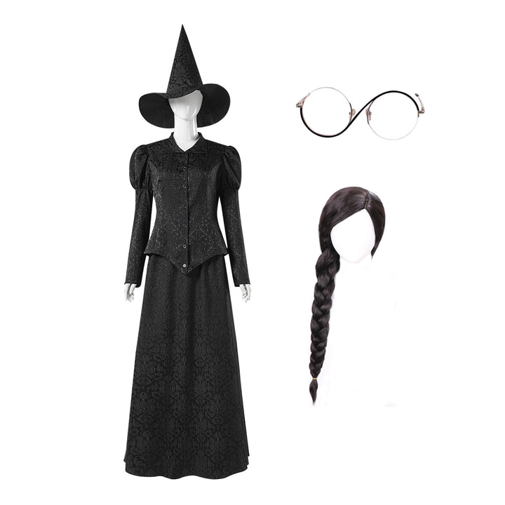 Witch Elphaba Costume Wicked Cosplay with Hat & Glasses Set Halloween Outfit Timcosplay