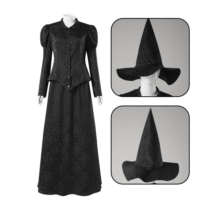 Witch Elphaba Costume Wicked Cosplay with Hat & Glasses Set Halloween Outfit Timcosplay