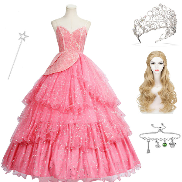 Glinda Costume Wicked Cosplay Halloween Pink Princess Dress