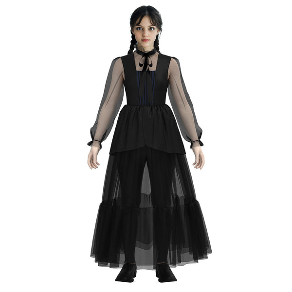 Wednesday Addams Black Dress Wednesday Costume with Wig Halloween Cosplay Outfit Timcosplay