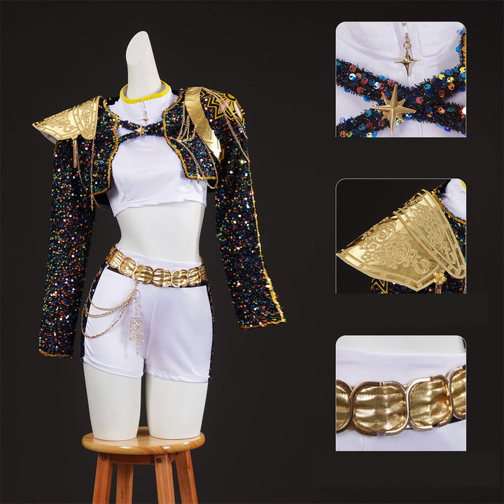 Rumi Kpop Demon Hunters Costume Black Golden Dance Halloween Outfit - Timcosplay