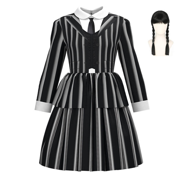 Kids Wednesday Addams Striped Dress Halloween Costume Outfit with Wig Girls Timcosplay