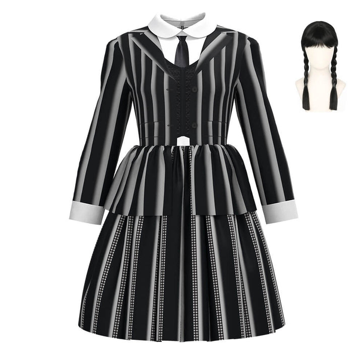 Kids Wednesday Addams Striped Dress Halloween Costume Outfit with Wig Girls Timcosplay