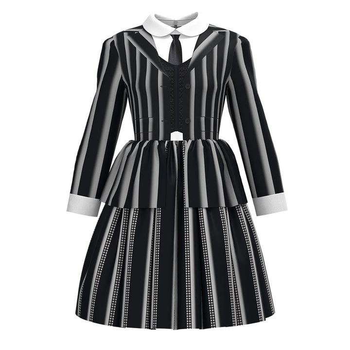 Kids Wednesday Addams Striped Dress Halloween Costume Outfit with Wig Girls Timcosplay