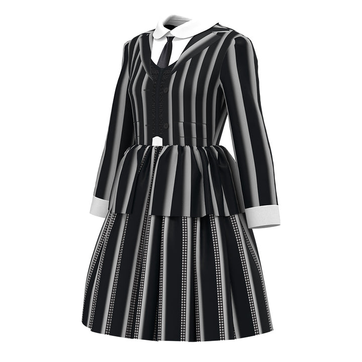 Kids Wednesday Addams Striped Dress Halloween Costume Outfit with Wig Girls Timcosplay