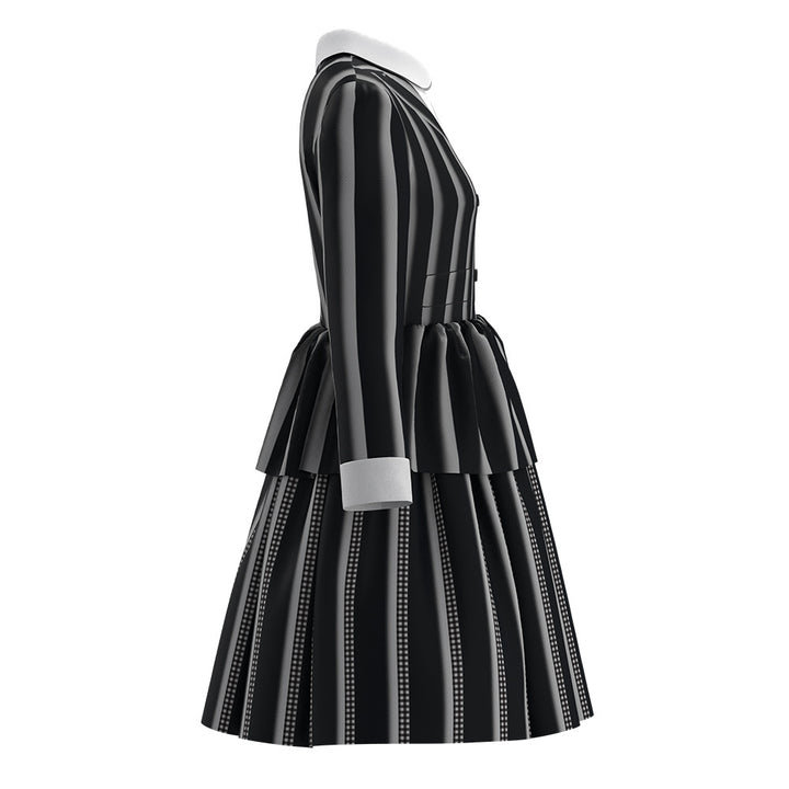 Kids Wednesday Addams Striped Dress Halloween Costume Outfit with Wig Girls Timcosplay