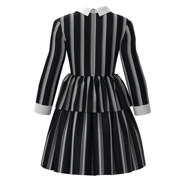 Kids Wednesday Addams Striped Dress Halloween Costume Outfit with Wig Girls Timcosplay