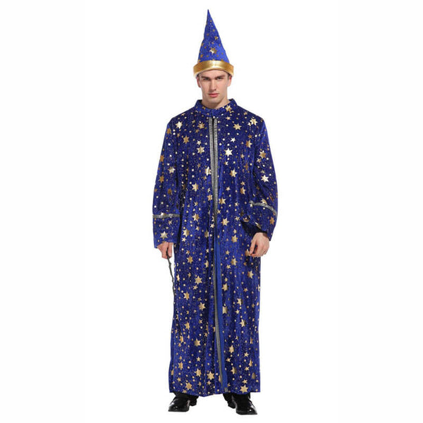 Men Blue Wizard Costume with Stars Magic Wizard Costume Wig Halloween Cosplay Suit